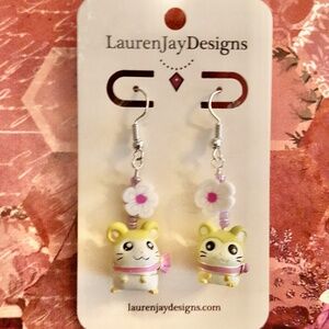 Hamtaro Pashmina Hamster Pendant White Flower Pink Beaded Dangle Earrings